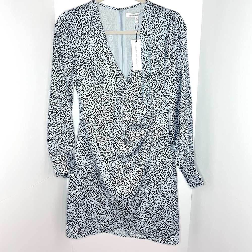 New! Cupcakes and Cashmere Blue print satin wrap dress, 0